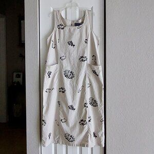 Blue J Batik Beige & Black Shell & Fish Print Sleeveless Dress Womens Size L